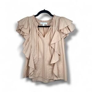 Amour Vert Organic Cotton Ruffle Sleeve Blouse L Beige Tan Flutter Feminine Chic